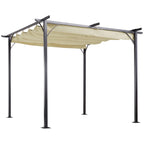 Beige retractable-canopy metal pergola with four posts and top beams