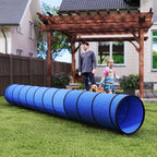 Blue outdoor dog agility tunnel with segmented rings and round open ends