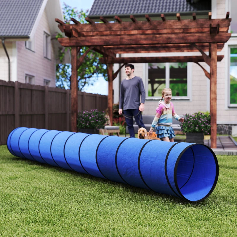 Blue outdoor dog agility tunnel with segmented rings and round open ends