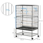 Large dark grey bird cage with rolling base, labeled dimensions and wire grid bars