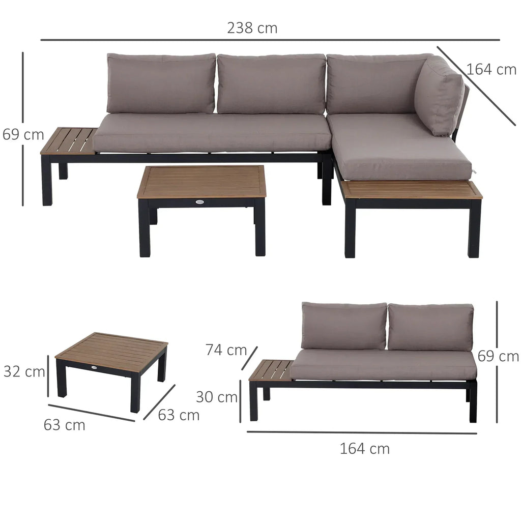 3 Pieces Garden Furniture Set, Aluminium 4 Seater Corner Sofa Set with 2 Loveseats, Coffee Table and Side Trays, Outdoor Conversation Furniture with Cushions for Garden, Black - Bobobiy
