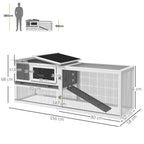 Grey wooden rabbit hutch with run, wire mesh panels, ramp, and sliding tray on base