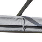 Grey retractable pergola canopy fabric seam with strap and fastening hardware