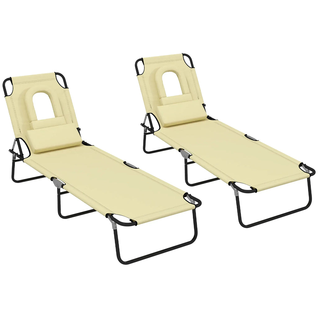 Folding Sun Loungers Set of 2 with Face Hole, 4-Position Adjustable Backrest Garden Recliner Chairs Sunbeds, Outdoor Lounge Chairs with 600 D Oxford Cloth Seat, Pillow for Beach, Beige - Bobobiy