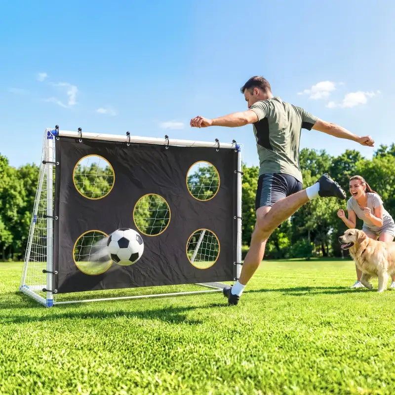 Portable football training goal with black target cloth and yellow-ring circular target zones