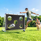 Portable football training goal with black target cloth and yellow-ring circular target zones