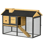 Outdoor rabbit hutch with run, black wire mesh, wooden house, dark asphalt roof