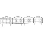 Black metal decorative picket fence panel with curled scrollwork and bottom stakes