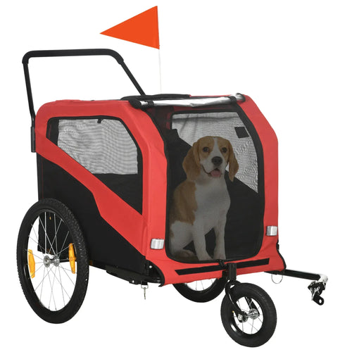 Red and black pet bike trailer with front mesh window and large wheels for dogs
