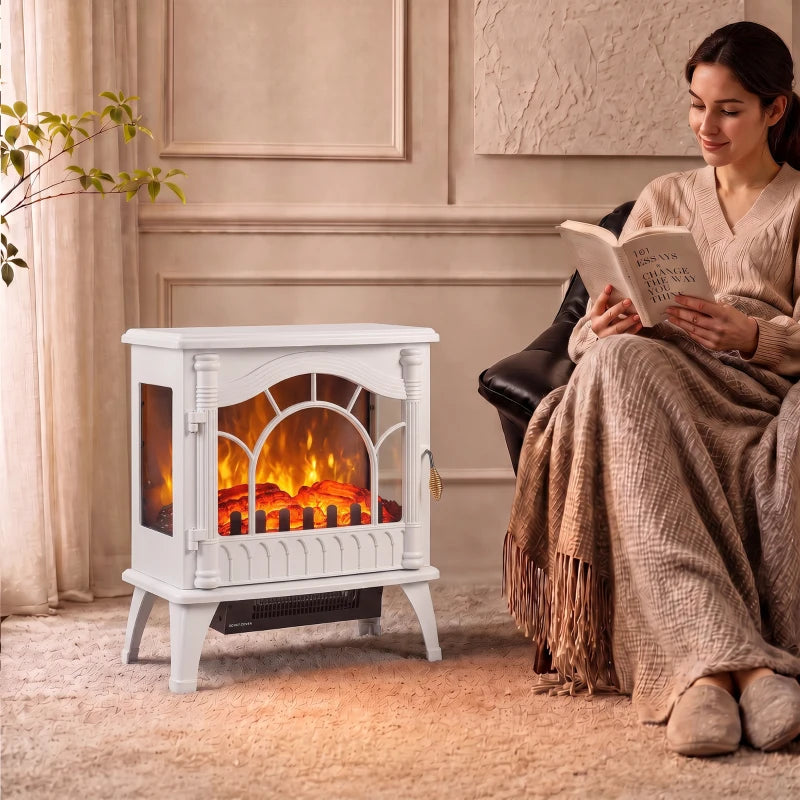 White freestanding electric fireplace stove side view with 3-sided glass flame effect