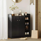 Black shoe storage cabinet with doors open, featuring multiple internal shoe shelves