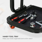 Black tool tray on rolling stool with labeled compartments and mounting bolts