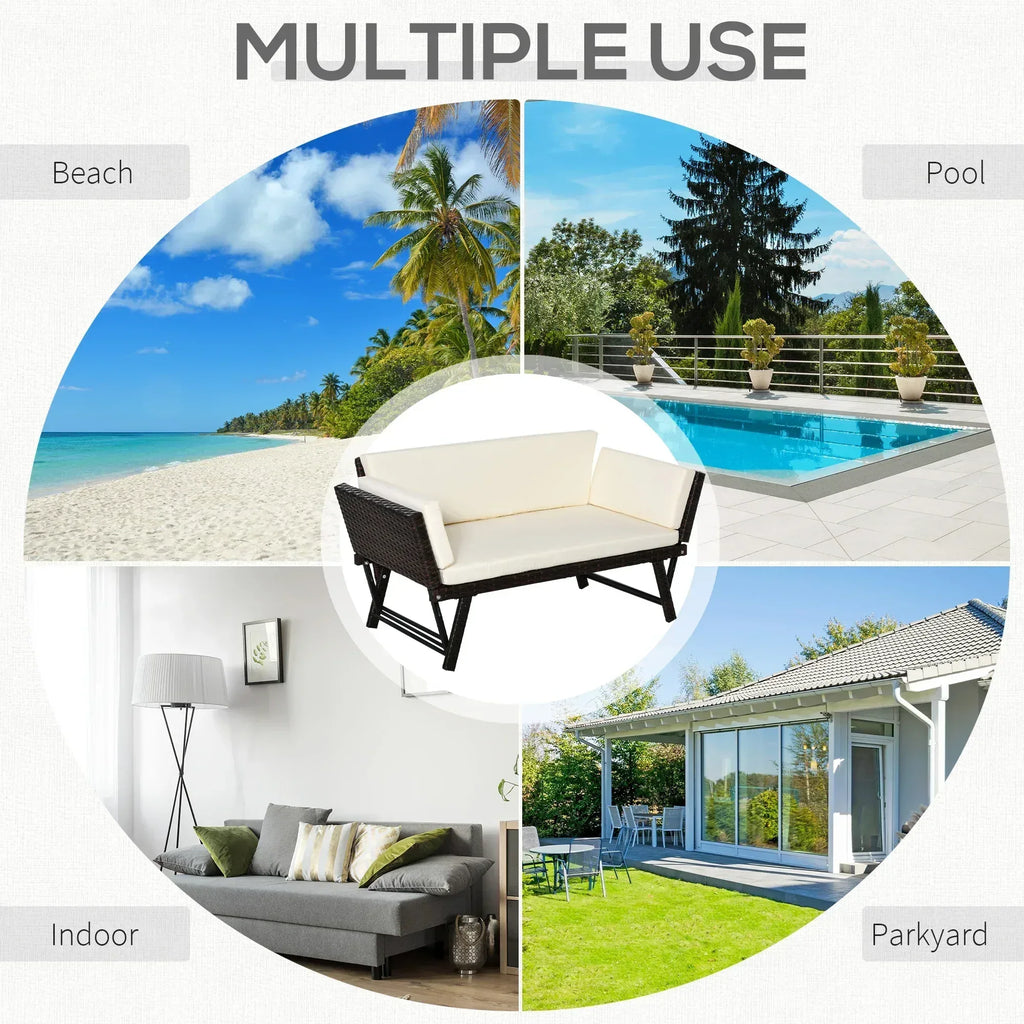 2-Seater 2-in-1 Rattan Convertible Sofa Daybed Brown - Bobobiy