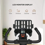Stationary exercise bike LCD monitor with speed, time, distance, and calorie display