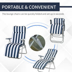 Portable folding sun loungers with blue and white striped seat cushion and steel base