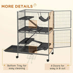 Grey wire small animal cage with hammock, platforms, bottom tray, and multiple doors.