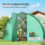 Green walk-in greenhouse polytunnel showing front and rear door panels