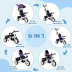 Purple kids trike push bike with canopy and adjustable seat positions