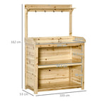 Natural wood potting bench with galvanized metal tabletop, side shelves, and hooks.