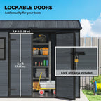 Dark grey resin shed with lockable double doors and windowed front