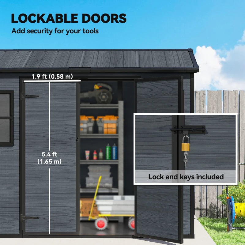 Dark grey resin shed with lockable double doors and windowed front