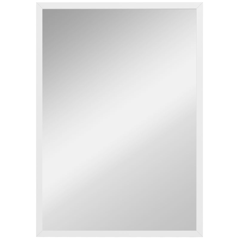 White rectangular wall mirror with thin frame, clear reflective glass