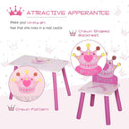 Kids table with 2 crown-shaped back chairs, princess graphics, pink legs and bases