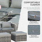 Grey cushioned outdoor seat with thick padding and stitched seam; removable cover detail