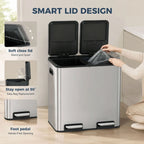 Stainless steel dual pedal bin with soft-close open lids and bag inserted