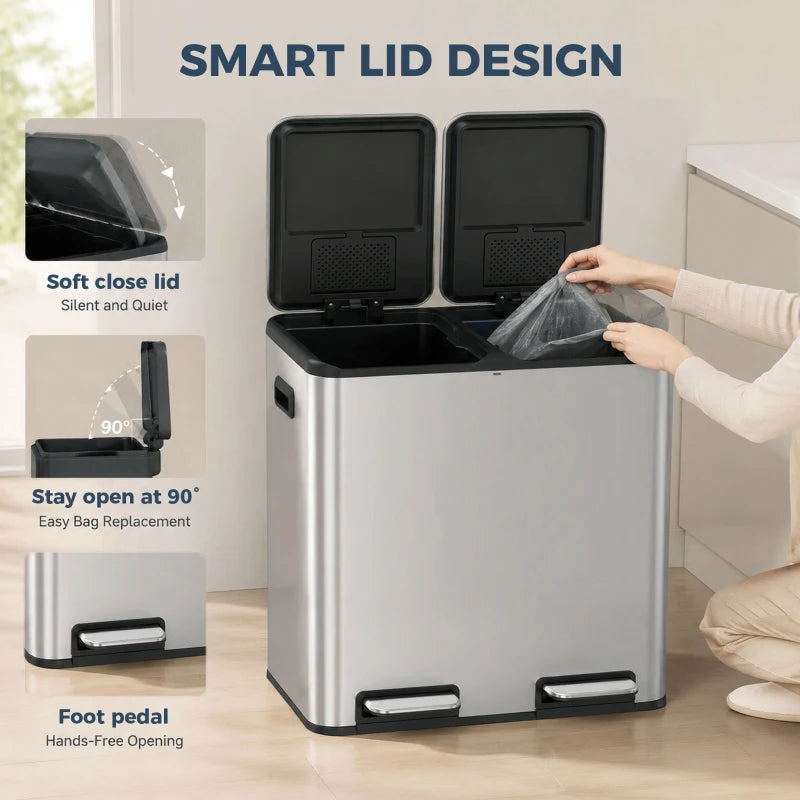 Stainless steel dual pedal bin with soft-close open lids and bag inserted