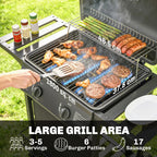 Black 2-burner gas grill cooking grate with burgers, chicken, and sausages