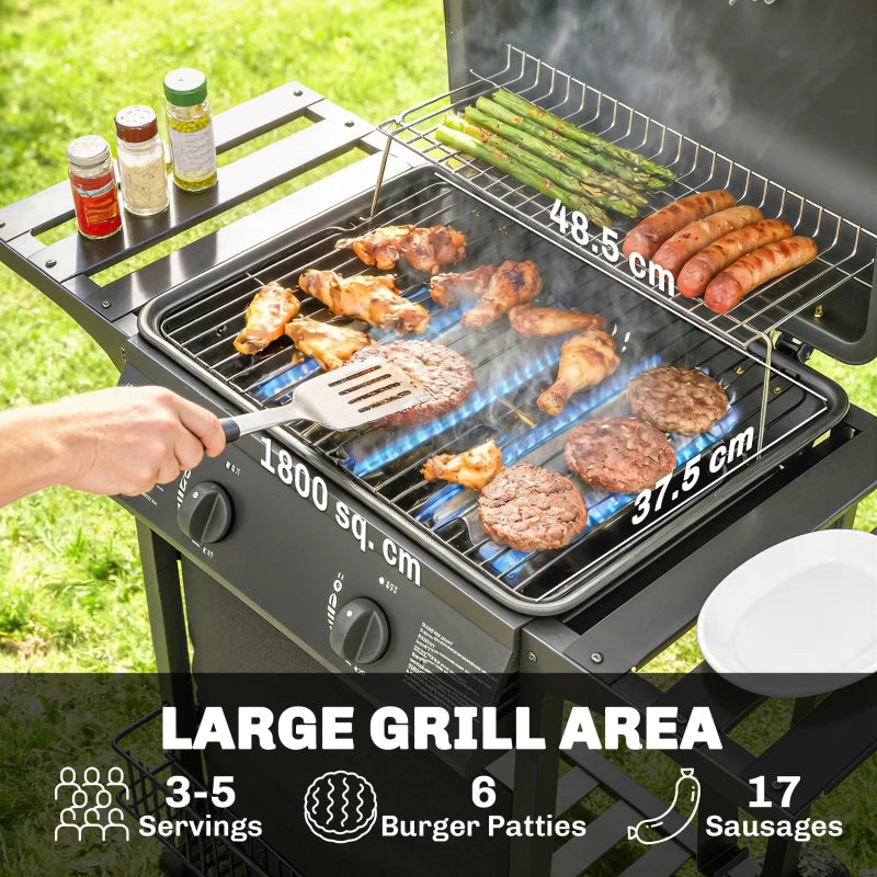 Black 2-burner gas grill cooking grate with burgers, chicken, and sausages