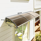 Front door canopy with brown frame and mesh roof, 303 x 96 cm size shown