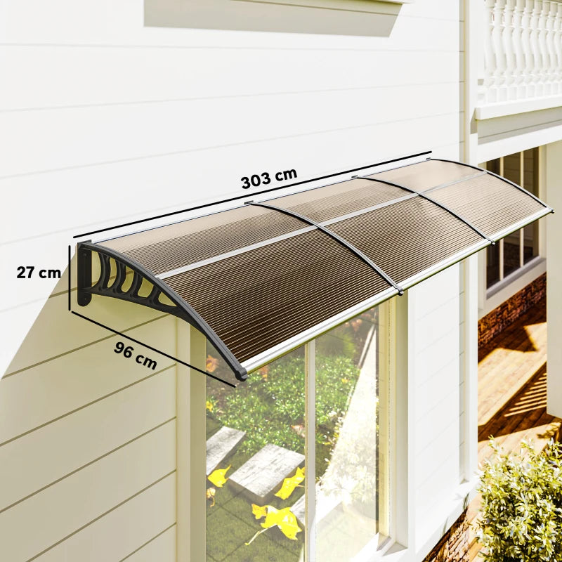 Front door canopy with brown frame and mesh roof, 303 x 96 cm size shown
