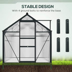Grey greenhouse with clear polycarbonate walls and reinforced base with ground bolt mounts