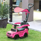 Pink kids ride-on push car with steering handle, black seat, and footrest