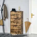 Rustic brown narrow shoe cabinet with three flip drawers and black metal trim, freestanding.