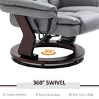 Gray recliner chair base close-up with 360° swivel platform and reclining handle