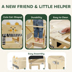 Cat-shaped natural wood toddler step stool tower with chalkboard and open step design