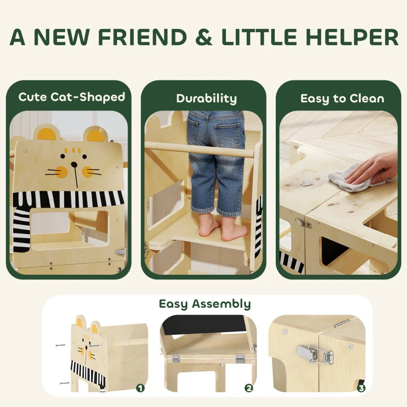 Cat-shaped natural wood toddler step stool tower with chalkboard and open step design