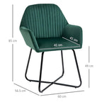 Green upholstered accent chair with tufted back, armrests, and size diagram; black sled legs
