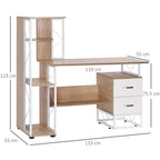 Computer desk with oak tabletop, white drawers, and built-in bookshelf, side view