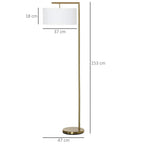 Gold standing floor lamp with white drum lampshade and round base dimensions