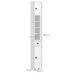 White tall slim bathroom cabinet with shelves and drawers; size marks show 180 cm height.