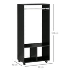 Black open wardrobe rack with hanging rail and two shelves, on caster wheels