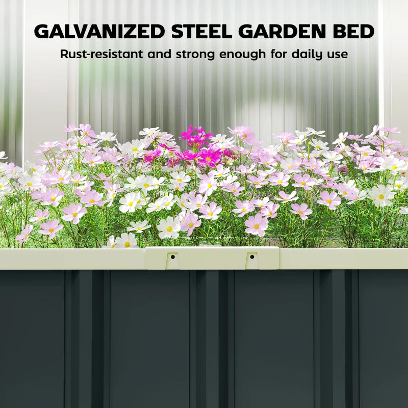 Galvanized steel raised garden bed with dark grey panels, filled with pink flowers