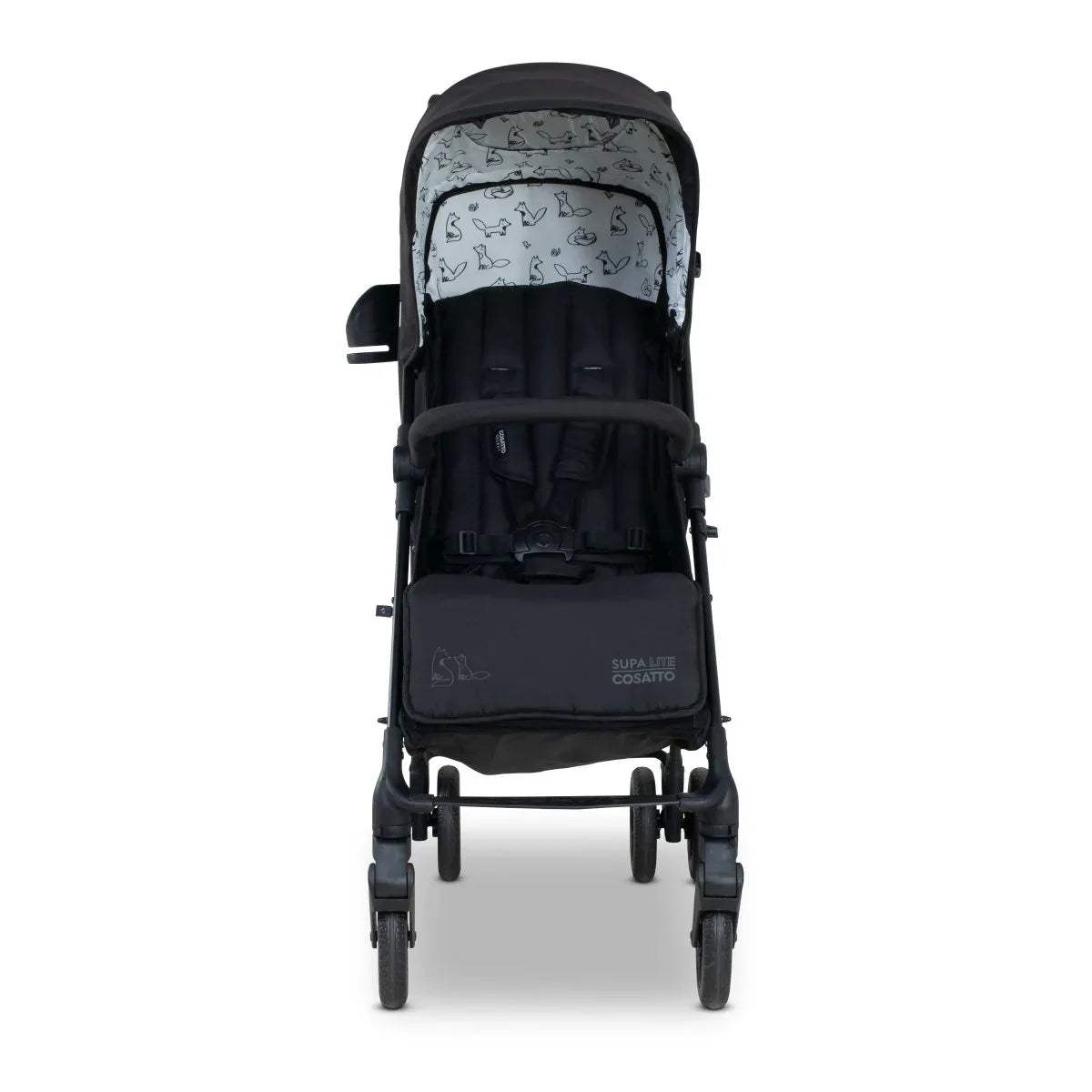 Lightweight stroller with black back seat and patterned canopy, rear view