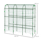Green arch trellis with square grid climbing net and four vertical stakes