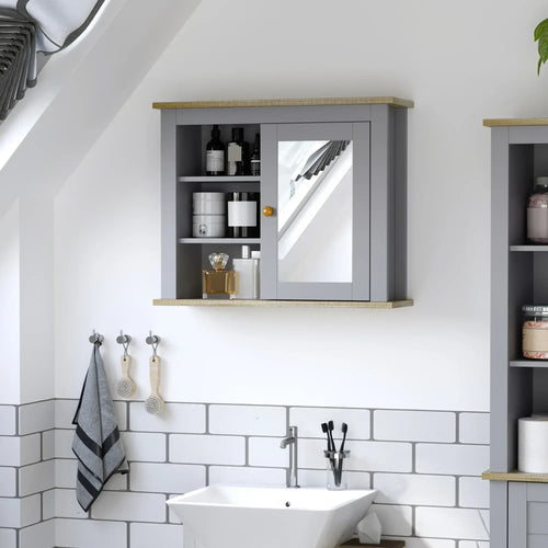 Grey bathroom wall mirror cabinet with open shelves and a clear mirror door