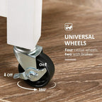 Caster wheels with brakes under a white rolling kitchen cart.